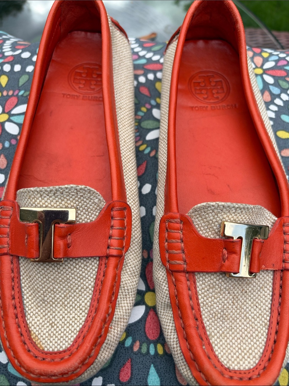 Tory Burch Canvas Loafers with Bright Orange Trim and Gold Logo